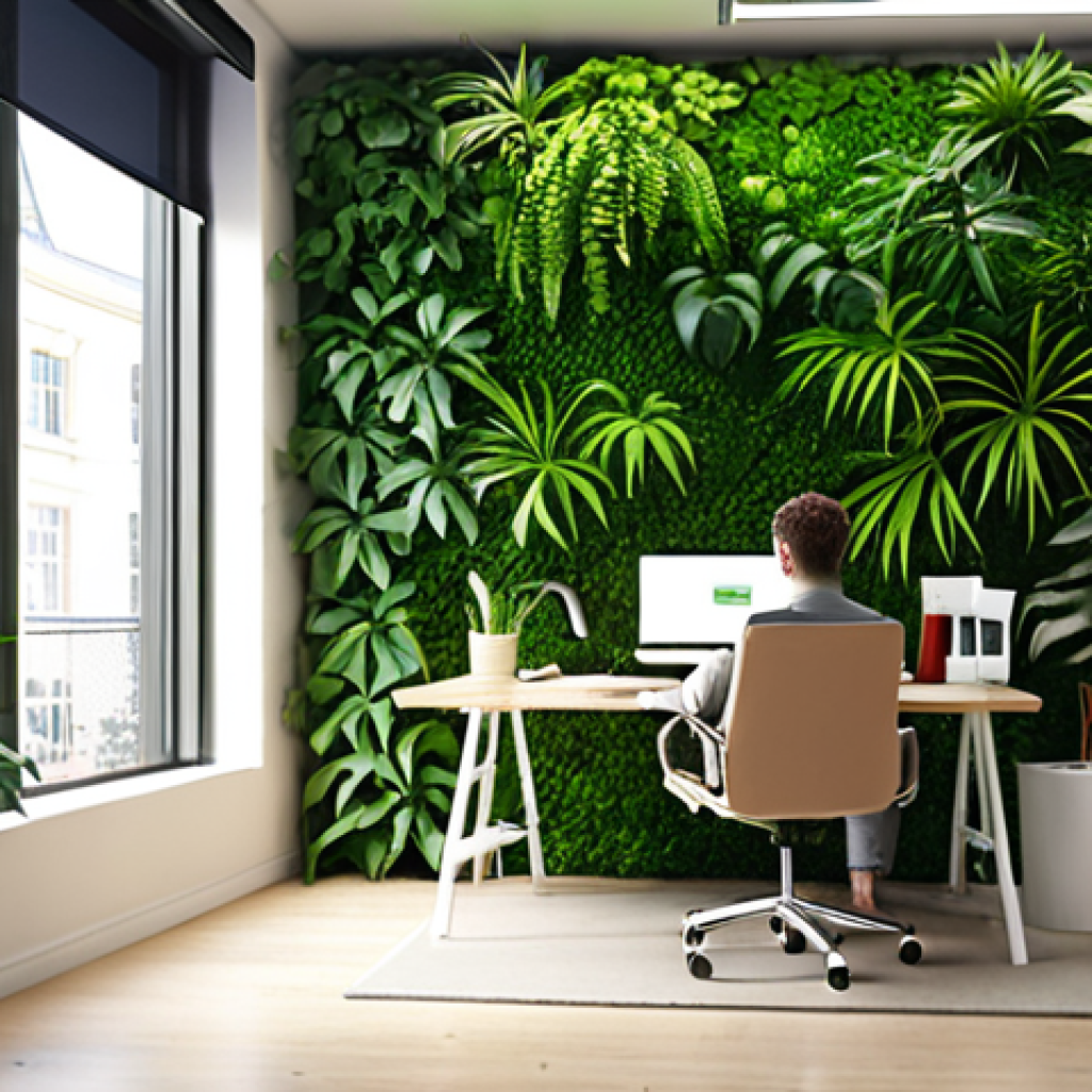 **A tranquil office space featuring a lush Livingwall, bathed in soft natural light, with a person working calmly at a desk.** (Focus: Office, Productivity, Calm)