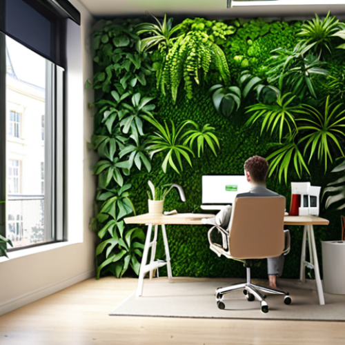 **A tranquil office space featuring a lush Livingwall, bathed in soft natural light, with a person working calmly at a desk.** (Focus: Office, Productivity, Calm)