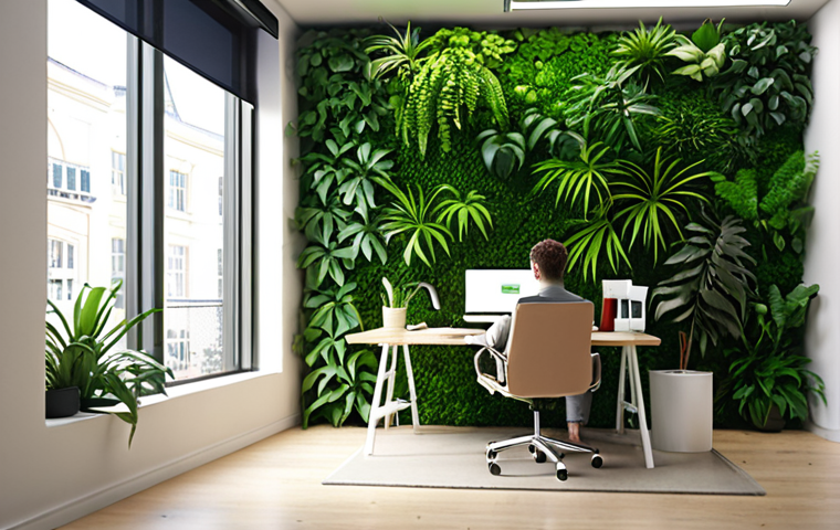 **A tranquil office space featuring a lush Livingwall, bathed in soft natural light, with a person working calmly at a desk.** (Focus: Office, Productivity, Calm)