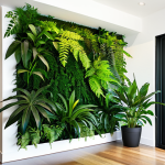 A stunning indoor vertical garden, also known as a living wall, creating a serene focal point in a contemporary and minimalist home living room. The wall is lush with a diverse array of vibrant green foliage, including various types of ferns, philodendrons, and peace lilies, showcasing perfect anatomy of the plants and correct proportions in their growth. Soft, natural light filters through a large window, illuminating the plants. Subtle integrated LED strip lighting enhances the wall's beauty. The overall ambiance is peaceful, fresh, and deeply connected to nature, offering a professional quality image suitable for interior design magazines. High quality, realistic, professional photography, natural lighting, safe for work, appropriate content, family-friendly, modest design.