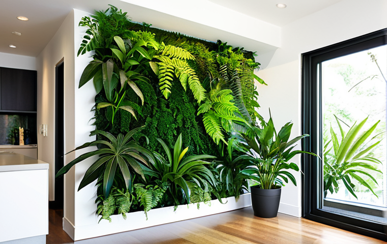 A stunning indoor vertical garden, also known as a living wall, creating a serene focal point in a contemporary and minimalist home living room. The wall is lush with a diverse array of vibrant green foliage, including various types of ferns, philodendrons, and peace lilies, showcasing perfect anatomy of the plants and correct proportions in their growth. Soft, natural light filters through a large window, illuminating the plants. Subtle integrated LED strip lighting enhances the wall's beauty. The overall ambiance is peaceful, fresh, and deeply connected to nature, offering a professional quality image suitable for interior design magazines. High quality, realistic, professional photography, natural lighting, safe for work, appropriate content, family-friendly, modest design.